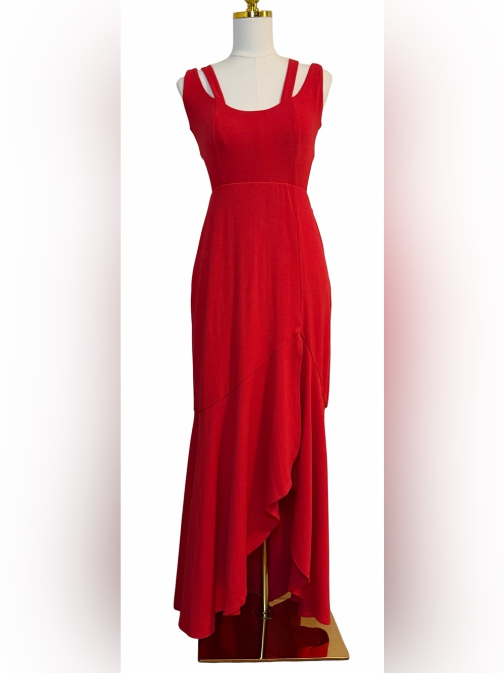 Anthropologie Maeve Red Double Strap Open Back High Low Ruffle Hem Maxi Dress - Picture 4 of 10
